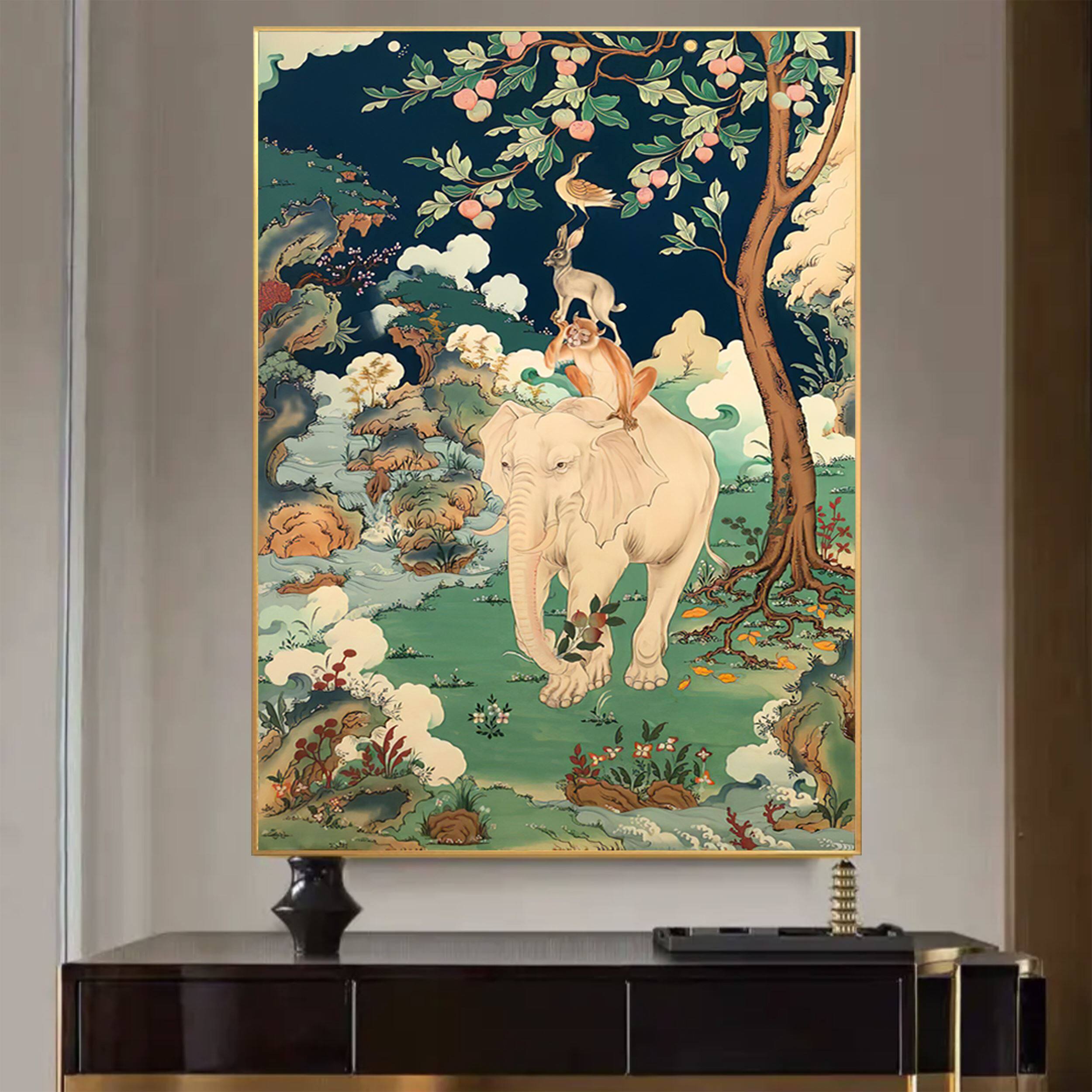 网红【西藏包邮】藏式吉祥四瑞八宝客厅高端晶瓷画长寿老人唐卡