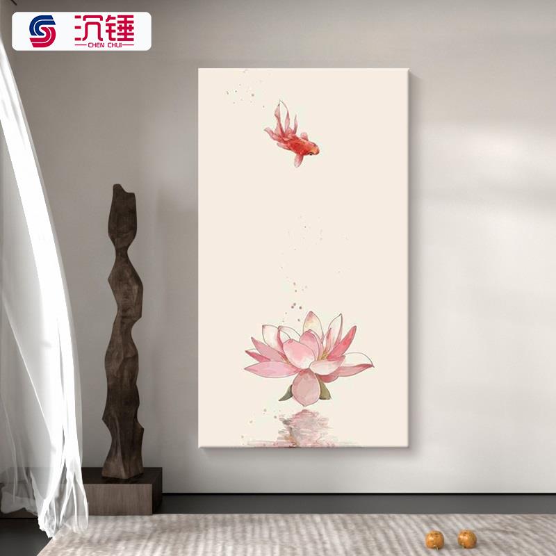 禅意荷花纯手绘油画新中式玄关装饰画客厅抽象金鱼丙烯肌理画挂画图片