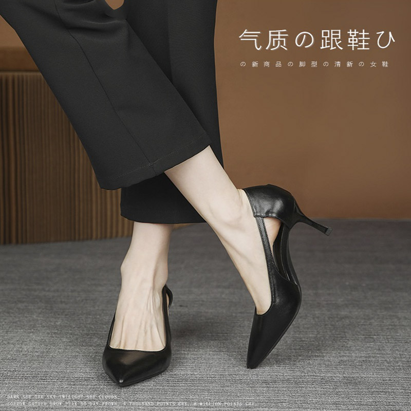 黑色简约百搭小众中空凉鞋女夏季工作空乘性感细跟中跟高跟鞋尖头