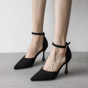 尖头黑色高跟鞋女2025春夏季细跟小码33性感斩男配裙子5cm小跟鞋