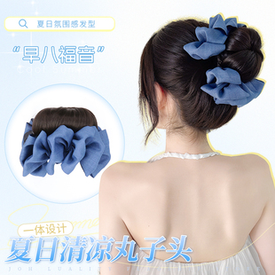 蓝色缎面丸子头假发发圈女假发抓夹仿真发增发量懒人盘发神器花苞
