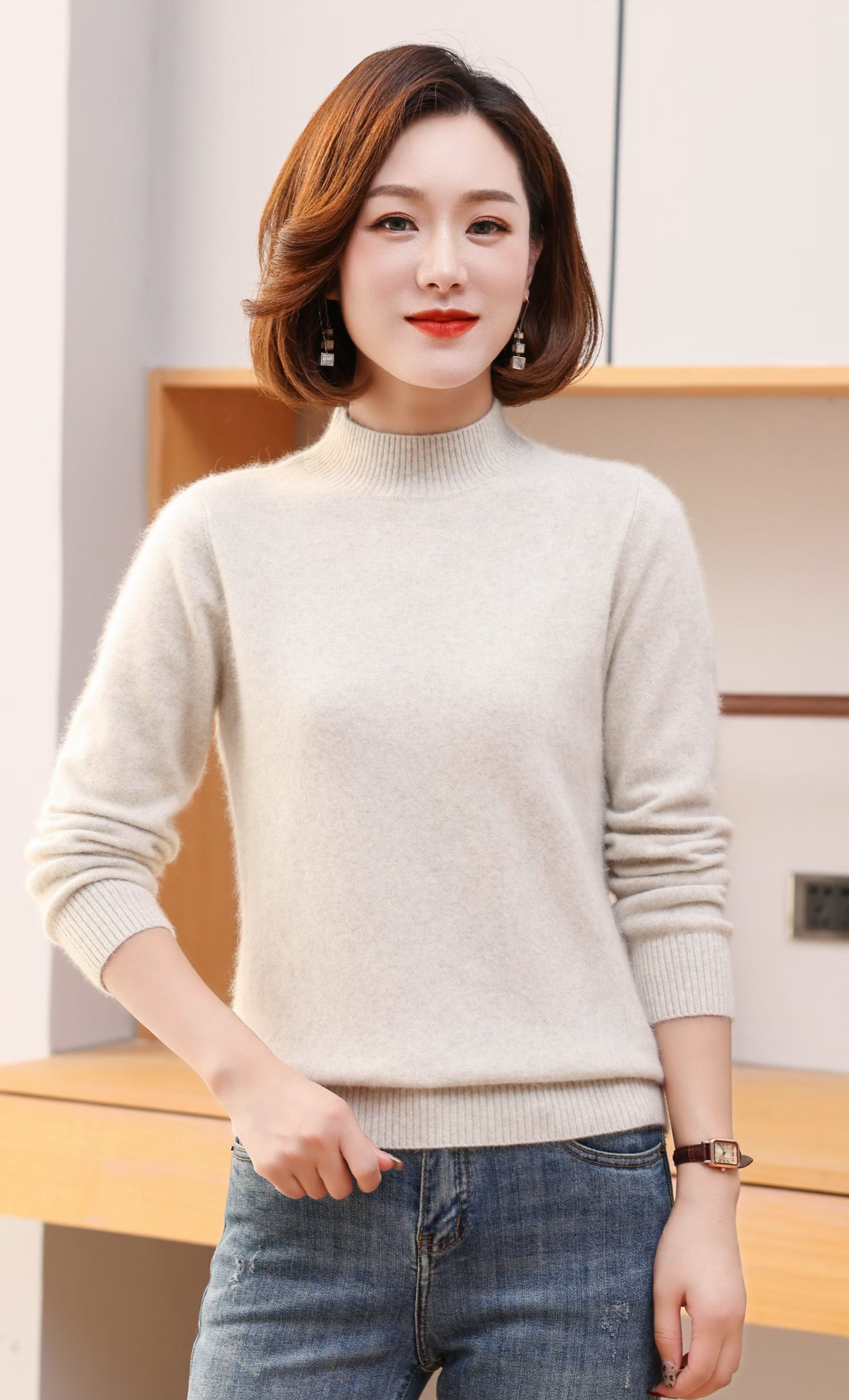 正品双鹿2025女冬季舒适柔软修身款藏羊绒套头打底