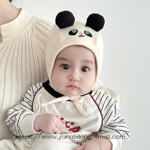 新生婴儿帽子春秋冬宝宝胎帽小月龄可爱熊猫纯棉护耳帽外出男宝帽