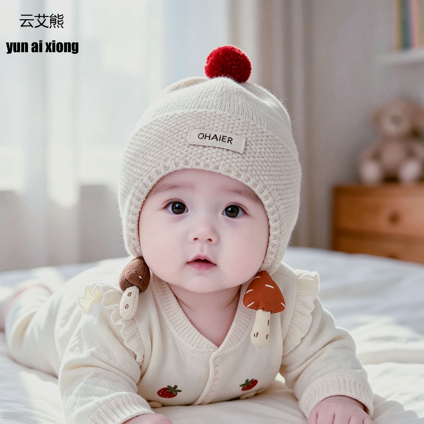 宝宝秋冬帽子洋气蘑菇毛线帽男女童婴幼儿加厚保暖针织外出防风帽