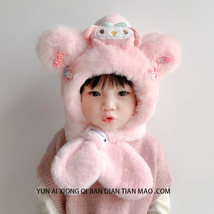 宝宝帽子围巾一体帽冬款加厚男女童婴儿毛绒帽男孩围脖护耳帽儿童