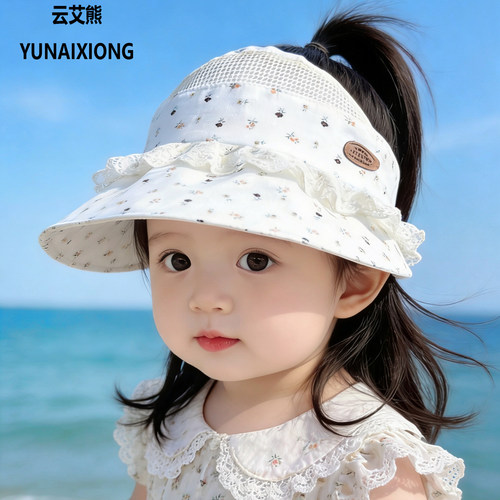 夏季女宝宝大檐蕾丝空顶防晒帽