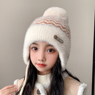 女童帽子秋冬款2024新款洋气系绳女宝宝护耳毛绒儿童女孩冬季保暖