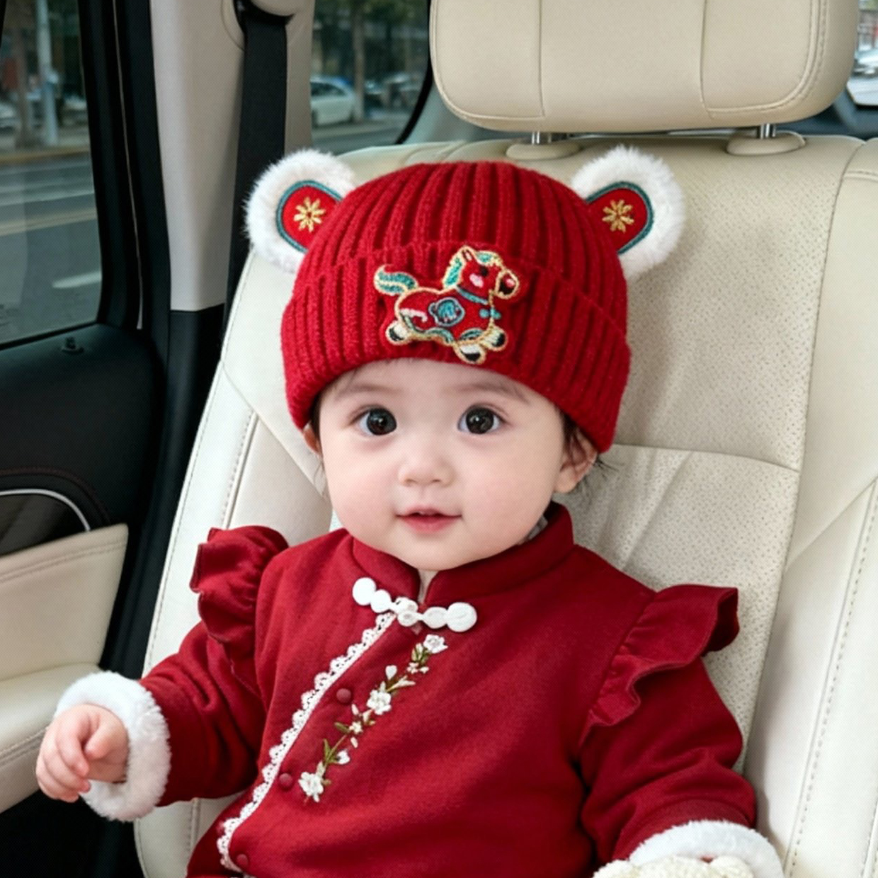 婴儿红色帽子秋冬季保暖加厚针织