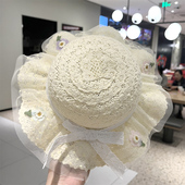 婴儿帽子夏款 蕾丝蝴蝶结公主大檐防晒太阳女童渔夫帽 宝宝遮阳薄款