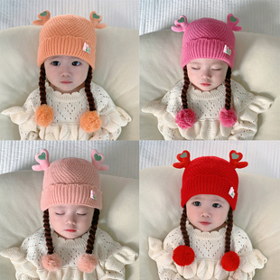 婴儿帽子秋冬季新生女宝宝假发辫子毛线针织护耳帽冬小女童小月龄