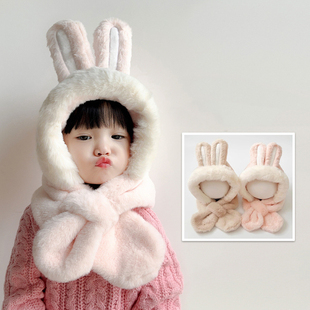 宝宝帽子冬季可爱兔子毛绒加厚护耳婴幼儿围巾一体帽男女童套头帽