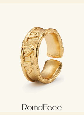 特卖品RoundFace 圆脸复古浮雕手工宽戒简约小众叠搭日常金复古