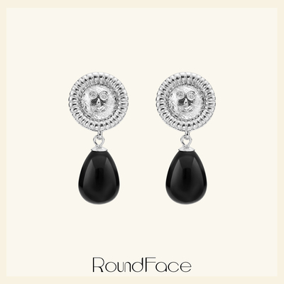 RoundFace炼金术系列纯银黑宝石圆脸耳环女法式复古感轻奢高级感