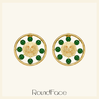 RoundFace炼金术系列圆脸微笑祖母绿复古耳环法式纯手工度假女