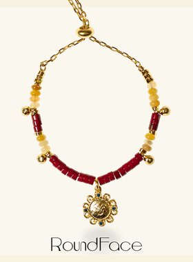 RoundFace符⽂系列红⽟髓浮雕⼿链复 古⽴体⼿⼯款