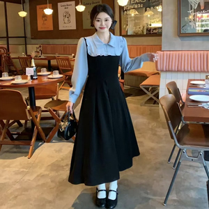 A2新款长袖连衣裙女收腰温柔风甜美气质显瘦法式长裙