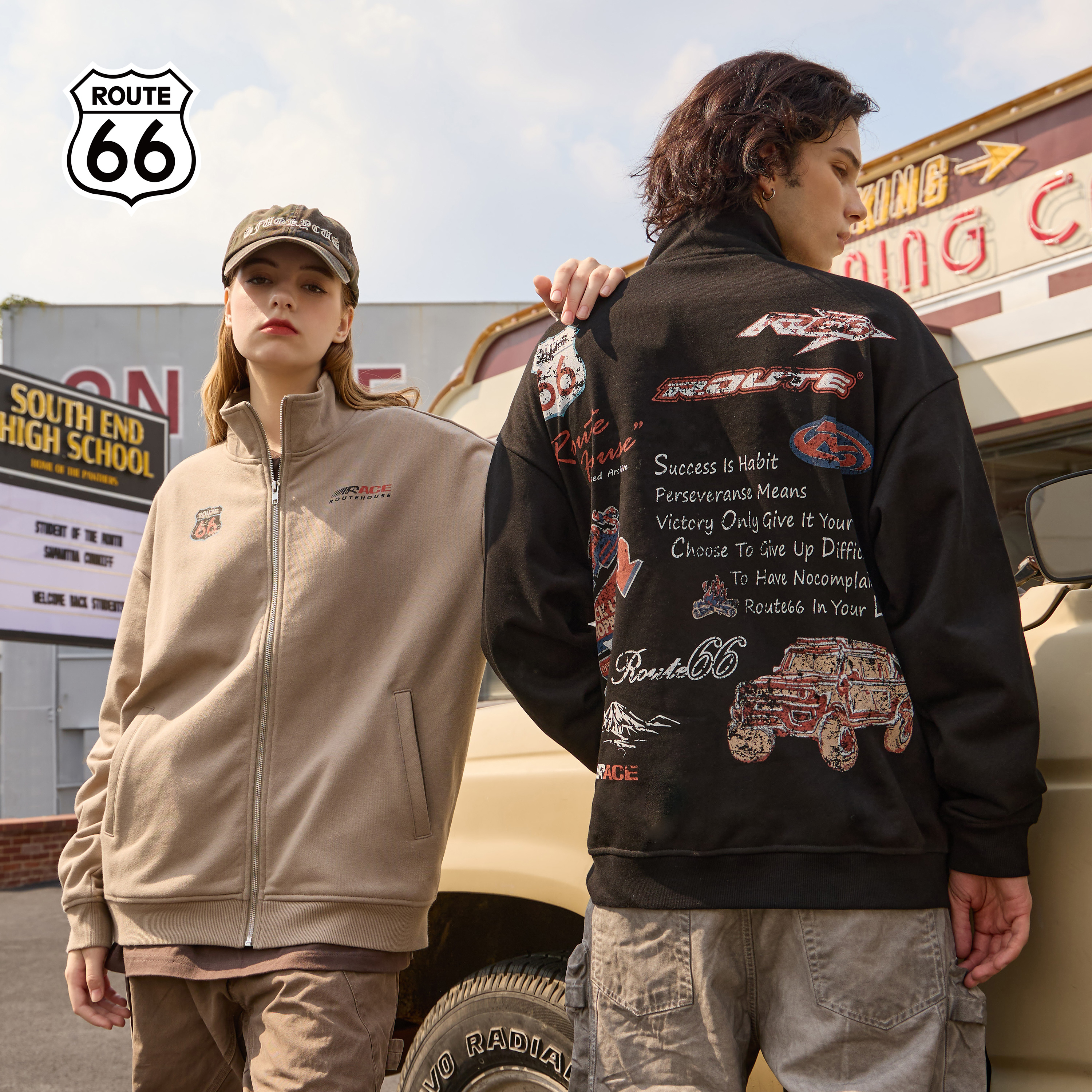 ROUTE66秋季立领开衫卫衣男美式潮牌秋天情侣装复古宽松潮流上衣