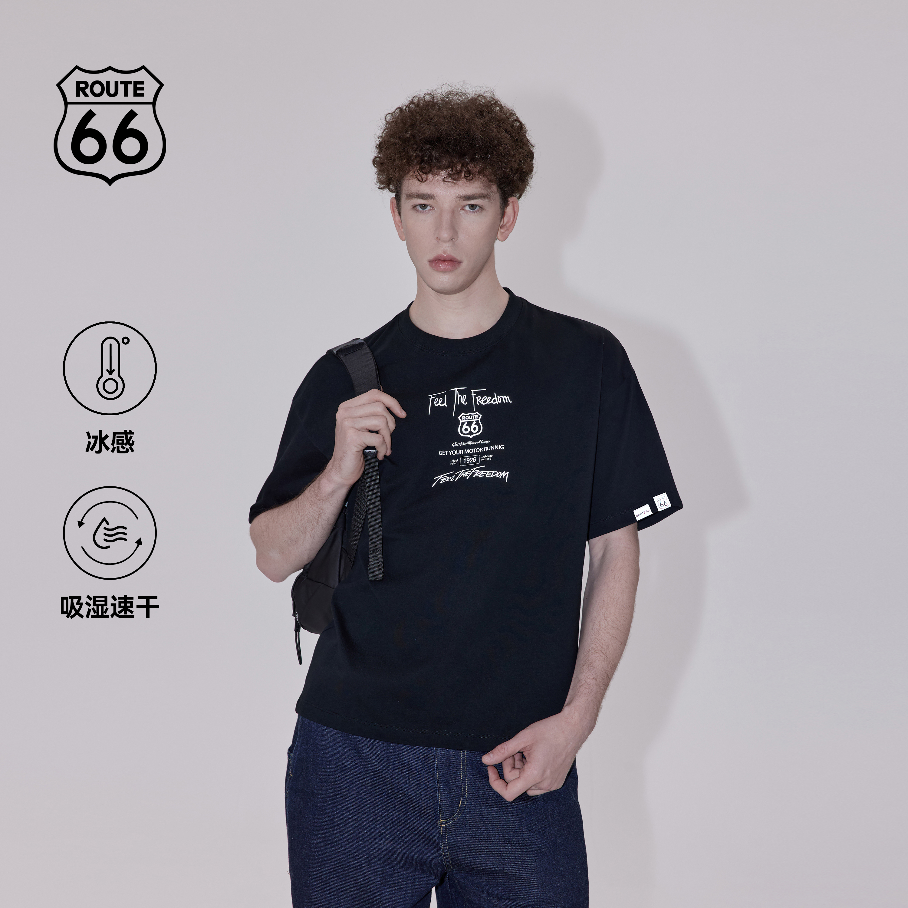 Route66/66号公路新款烫银slogan印花凉感T恤男夏季潮流情侣短袖