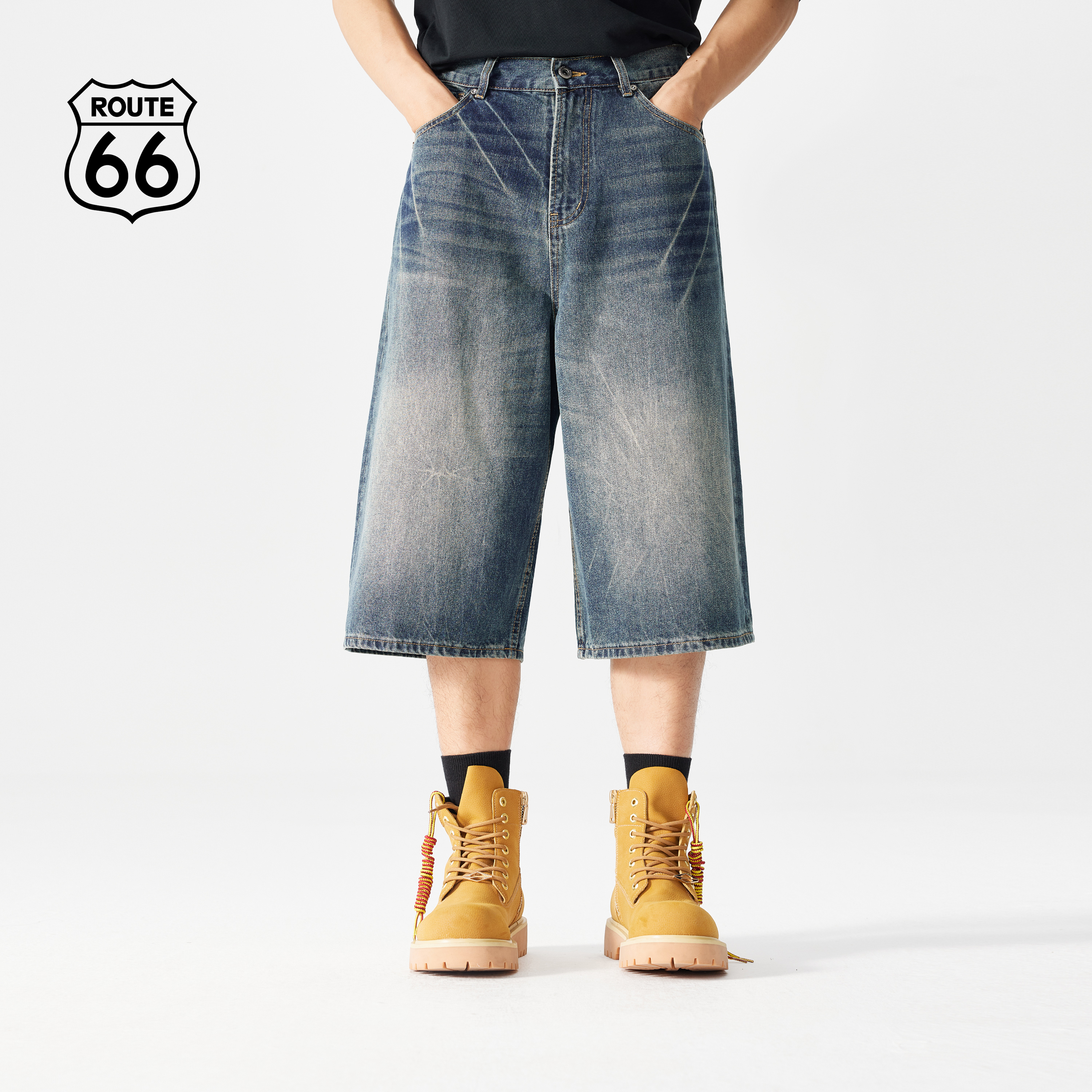 Route66/66号公路美式复古七分裤男女做旧蓝闪电水洗阔腿牛仔短裤