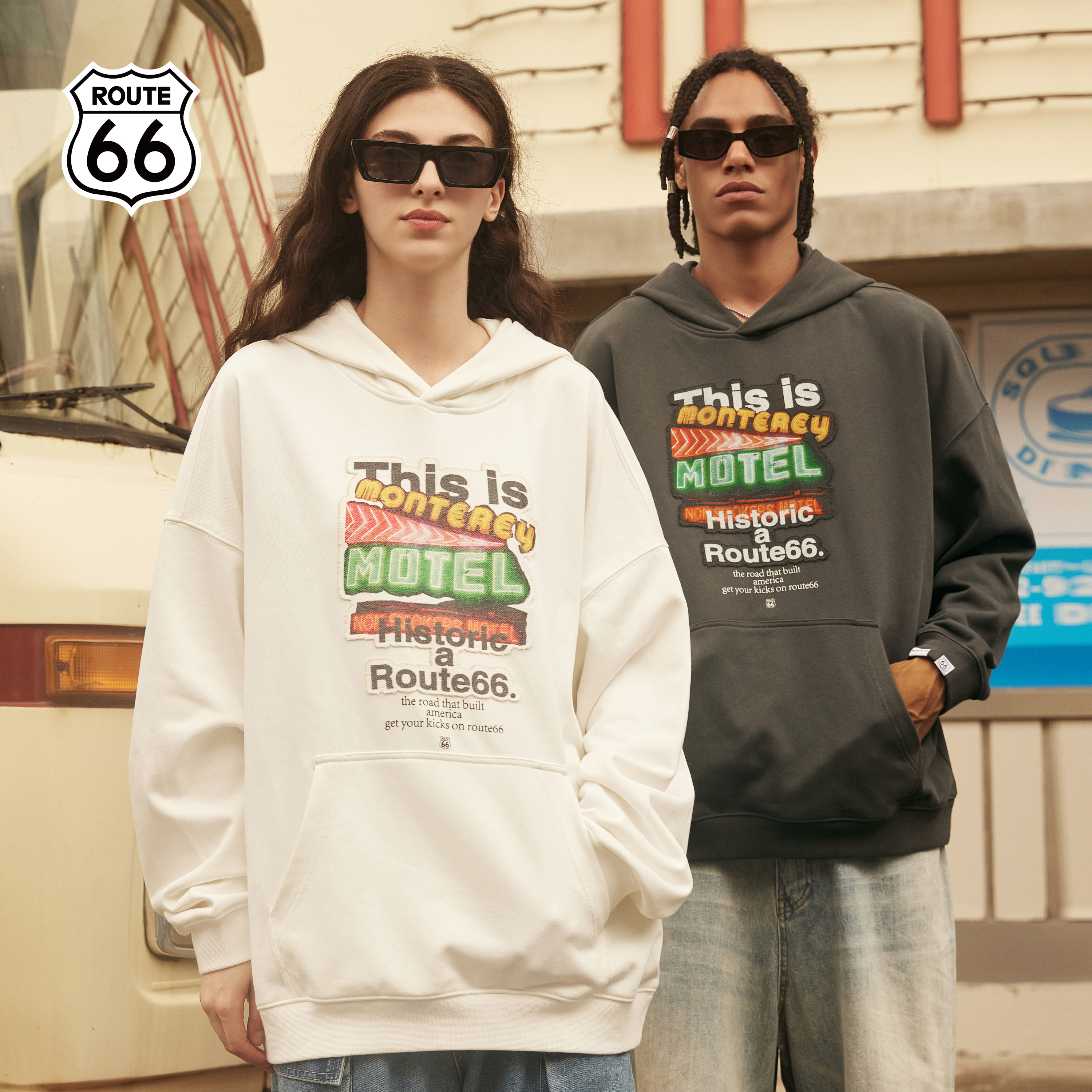 ROUTE66做旧字母贴连帽卫衣