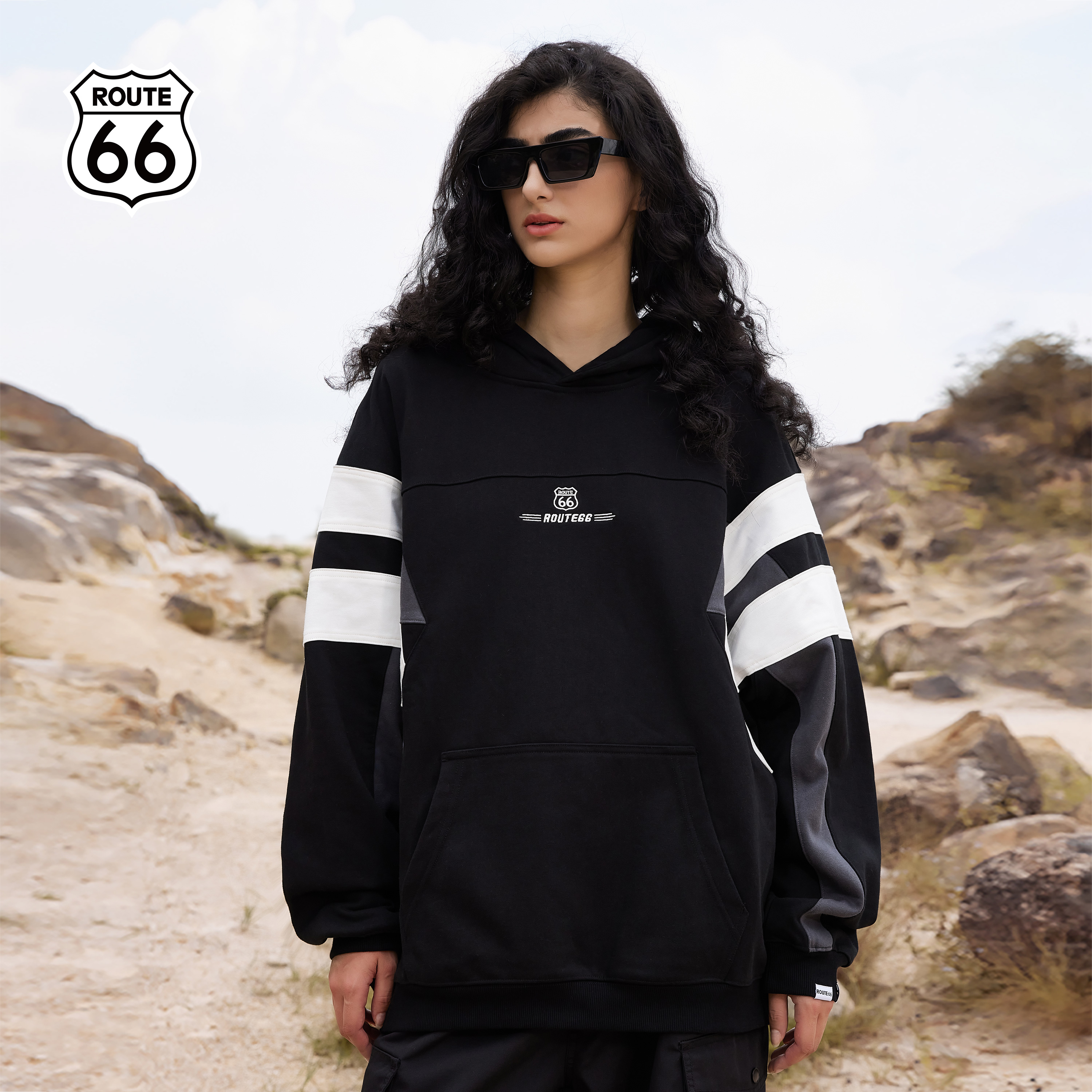 ROUTE66撞色拼接连帽卫衣