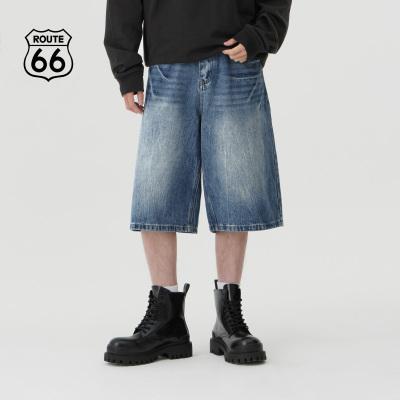 Route66/66号公路夏季爆裂纹牛仔短裤男美式复古七分裤夏天阔腿裤