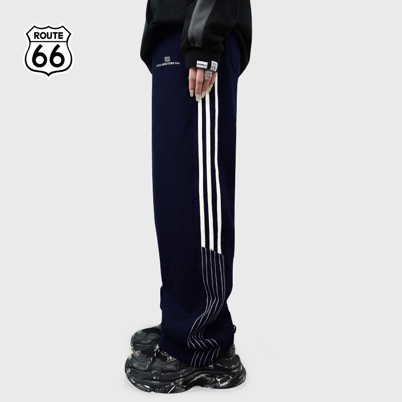 ROUTE66条纹拼接织带休闲裤
