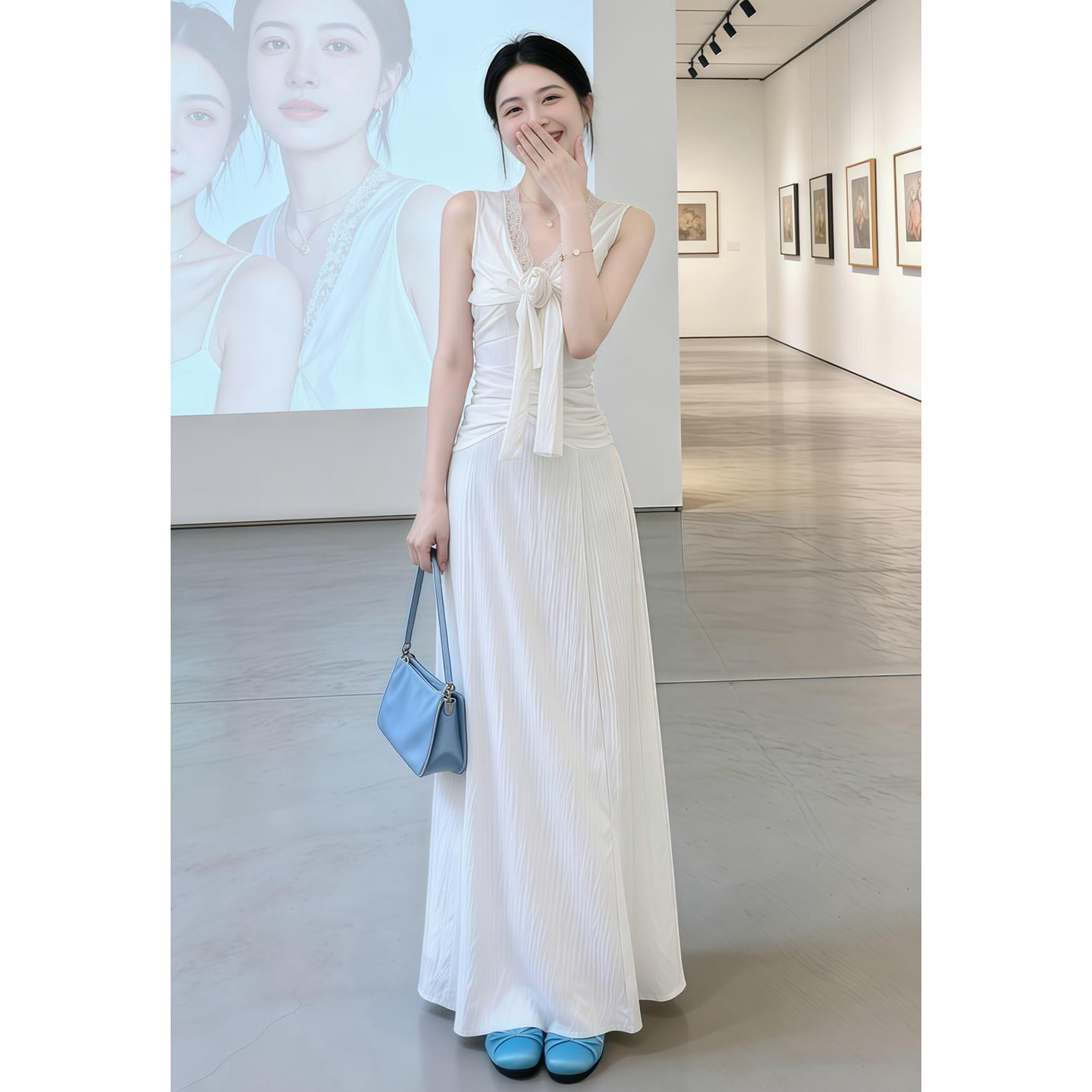 白色法式V领吊带连衣裙子女夏季2026新款巨好看绝美掐腰气质长裙