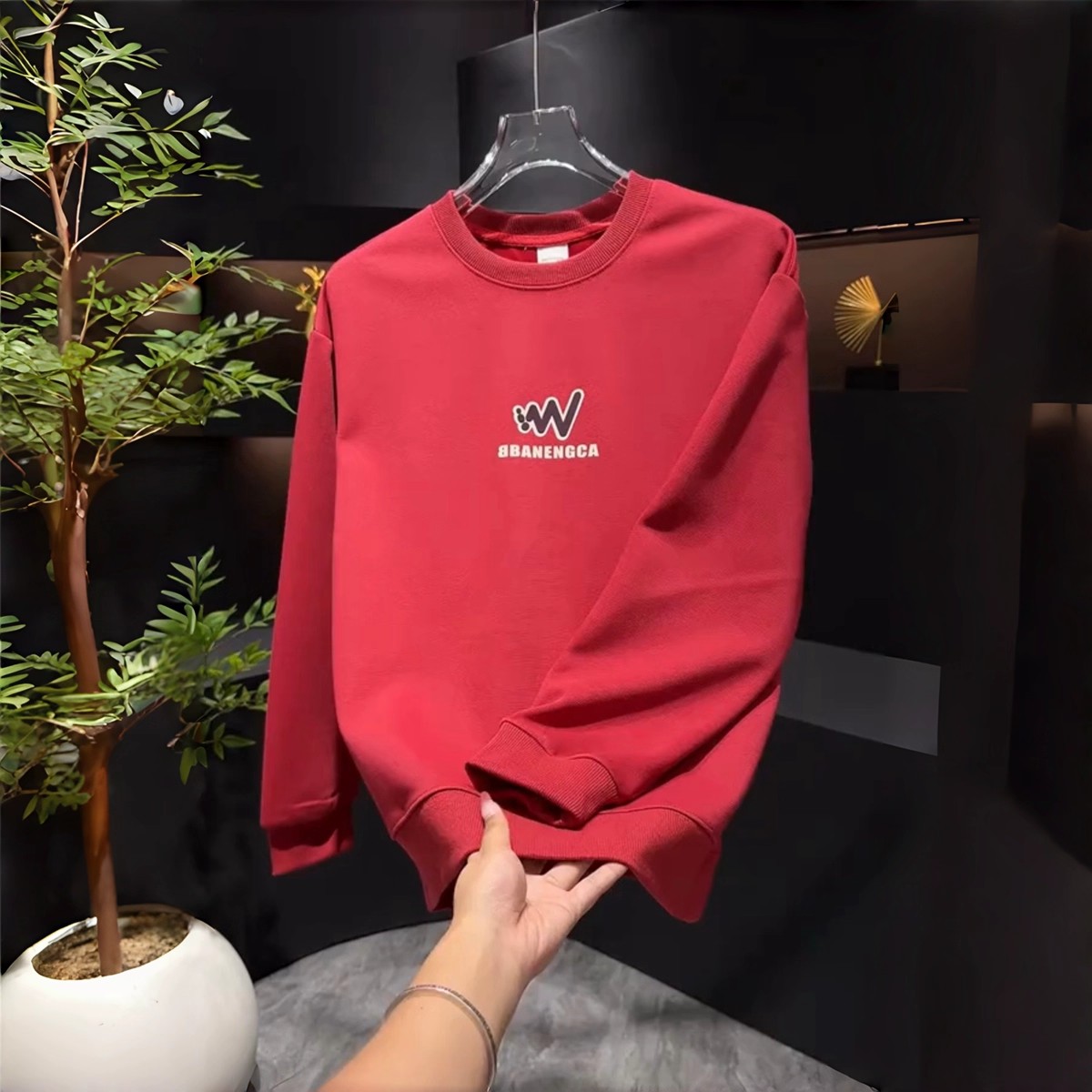 秋冬新款字母印花圆领红色卫衣男