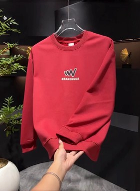 秋冬季潮牌字母印花红色卫衣男2026新款简约百搭休闲圆领长袖上衣