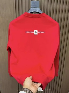 秋冬季新款国潮小马印花圆领卫衣男士时尚红色本命年痞帅百搭上衣