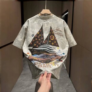 设计感帆船彩绘刺绣满身印花T恤男士夏季痞帅时尚汽车印花短袖男