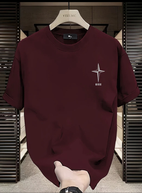 2025新款男士纯棉圆领短袖欧美潮牌设计感印花T恤简约百搭打底衫