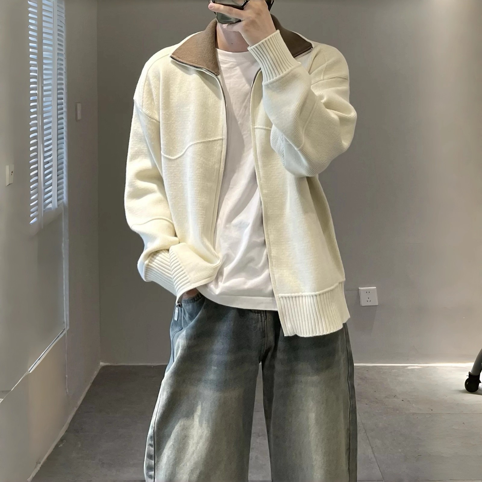 秋季新款简约拼色翻领针织开衫男