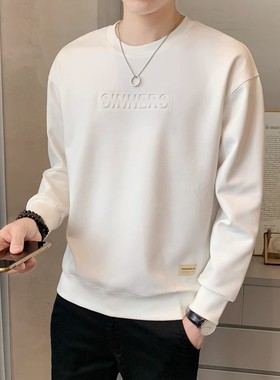 秋冬新款男士潮流ins设计感字母钢印圆领白色卫衣长袖保暖打底衫
