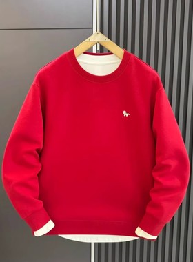 秋冬季新款简约小马印花圆领卫衣男士时尚本命年红色加绒百搭上衣