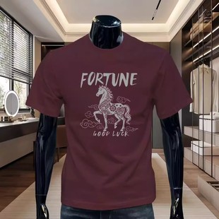 夏季新款潮牌骏马印花圆领短袖男士高质量纯棉酒红色T恤字母半袖