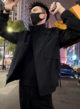 2025春秋新款潮牌工装外套男士简约黑色休闲夹克立领男装上衣褂子