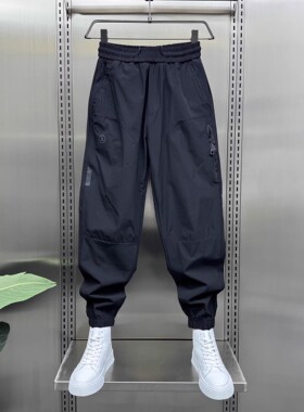 夏季薄款潮牌松紧腰束脚哈伦裤男时尚百搭黑色显瘦速干休闲九分裤