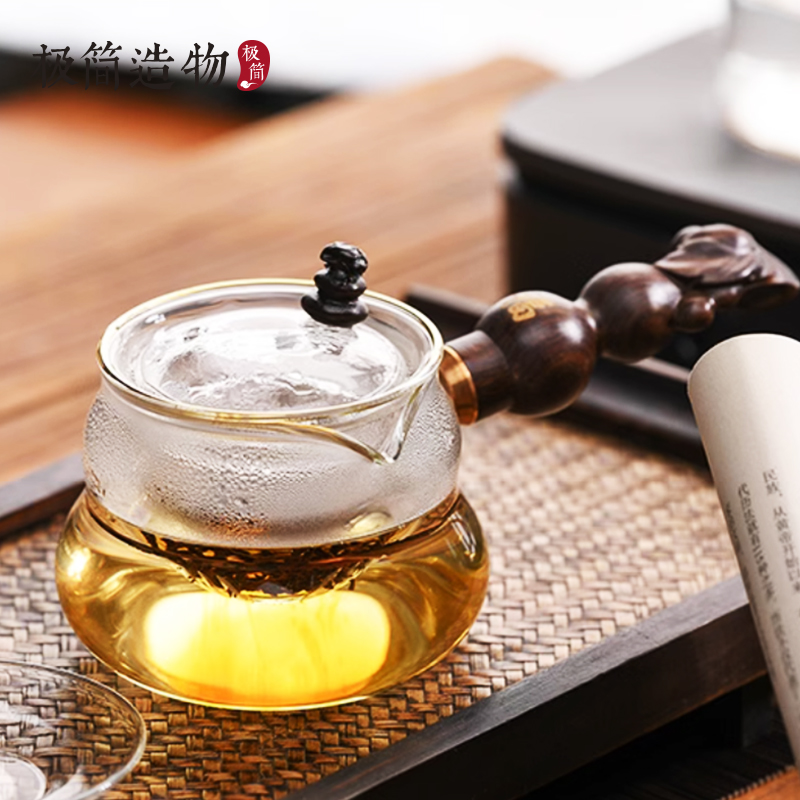 实木侧把葫芦器型玻璃煮茶壶