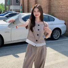 实拍港风显瘦薄款西装套装女气质2025夏季新款高级感阔腿裤两件套