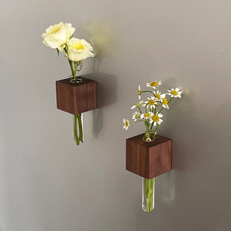 实木创意插花器冰箱贴磁铁磁吸装饰立体种花养花玻璃试管花瓶个性