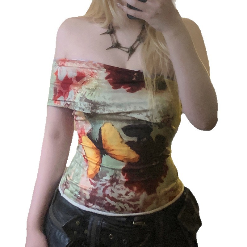 ins欧美女装时尚性感修身复古花卉撞色一字领斜肩短袖t恤上衣
