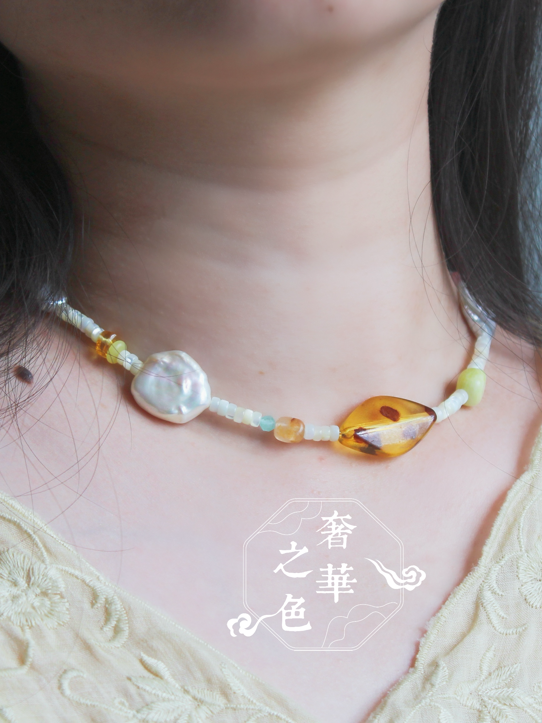 奢华之色【光夏】玳瑁巴洛克珍珠海蓝宝复古choker项链凡尔赛宫廷