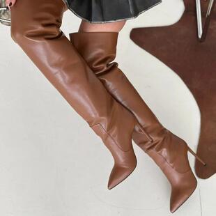 外贸heels 尖头细跟高筒皮革拼接女靴大码 boot 靴 跨境欧美时装