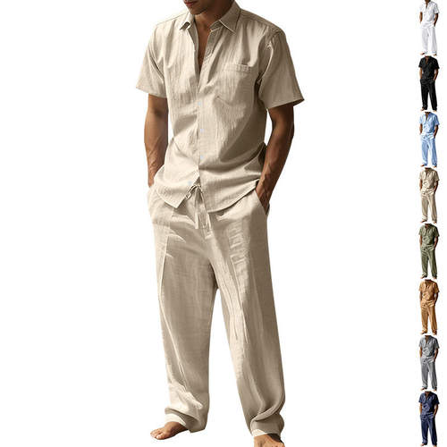 夏季亚麻翻领短袖衬衫套装男 休闲长裤两件套 跨境欧美男装