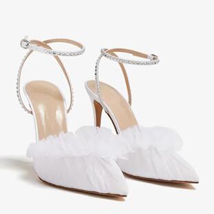 shoes bridal 跨境欧美高跟凉鞋 尖头白色网纱荷叶边细跟女婚宴鞋