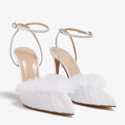 跨境欧美高跟凉鞋尖头白色网纱荷叶边细跟女婚宴鞋bridal shoes