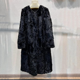 复古周刊象羔休闲风圆领小湖羊皮毛一体外套女中长款 白鹅绒大衣冬