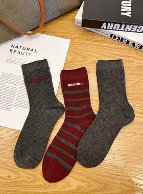 复古女高筒袜安可拉红拼灰色字母条纹百搭堆堆袜秋冬休闲学院风